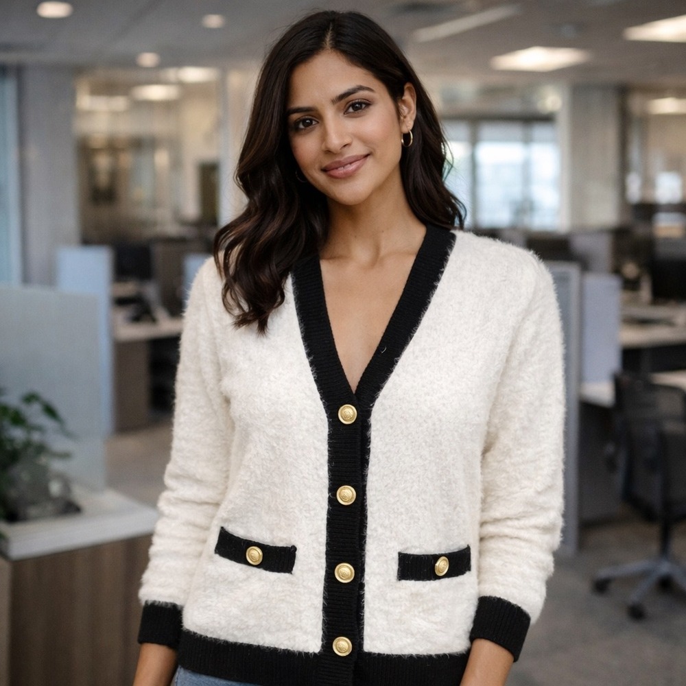 Tahari Womens Fuzzy Knit Cardigan Ivory Black Gold Button V-Neck Sweater Small